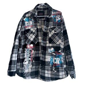 Copper Rivet Men’s Shacket Jacket Sz L Black Plaid Graffiti Skull Racing Rave
